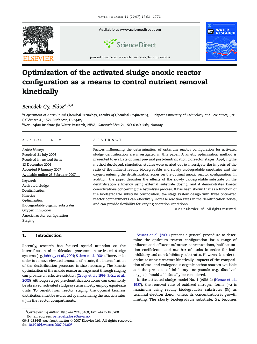 Optimization of the activated sludge anoxic reactor configuration as a means to control nutrient removal kinetically