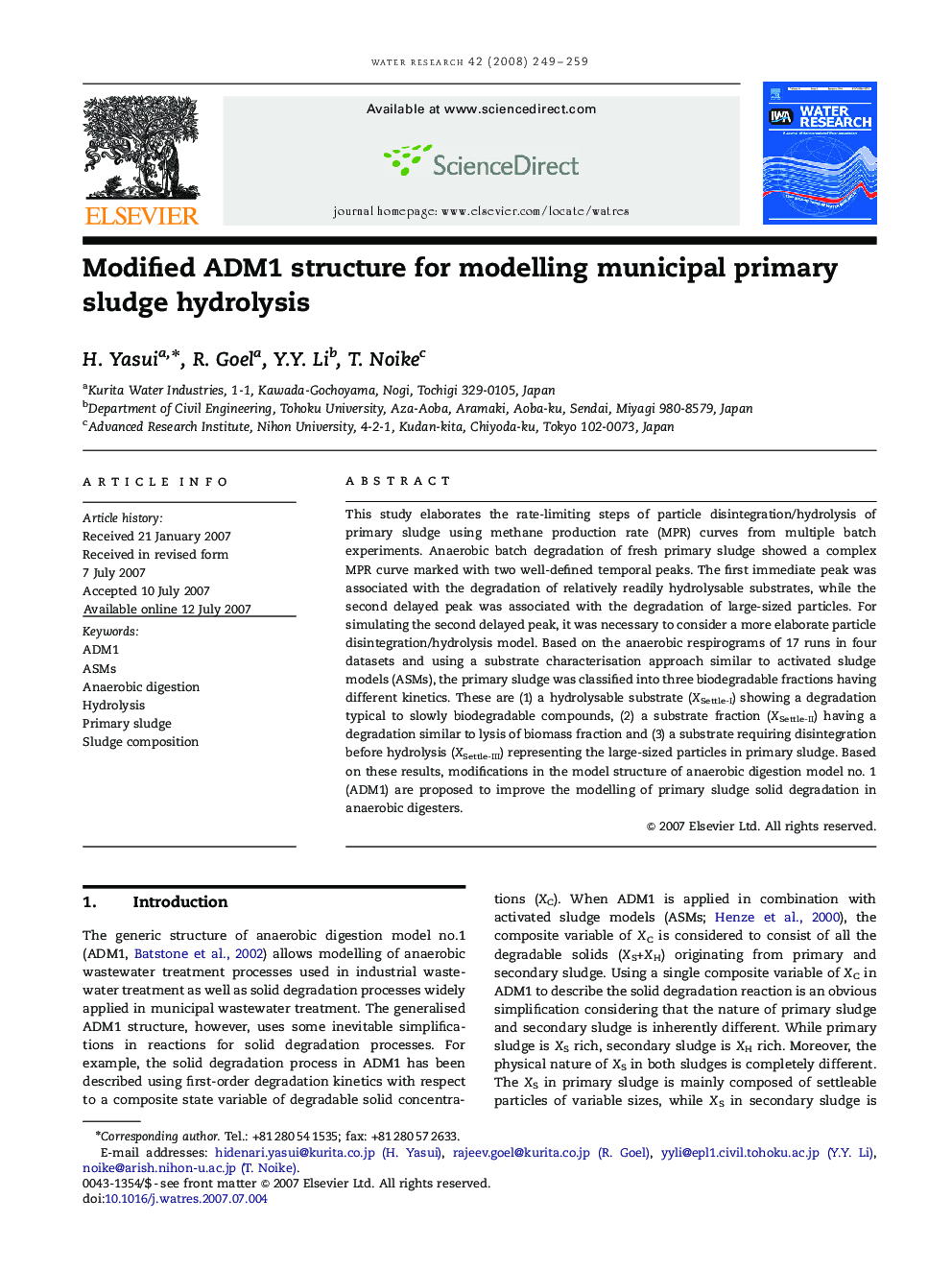 Modified ADM1 structure for modelling municipal primary sludge hydrolysis