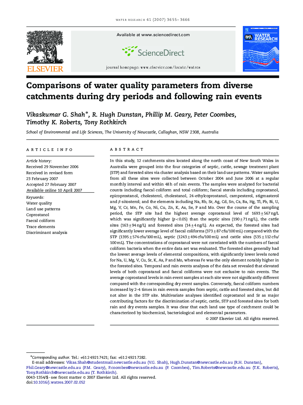 Comparisons of water quality parameters from diverse catchments during dry periods and following rain events