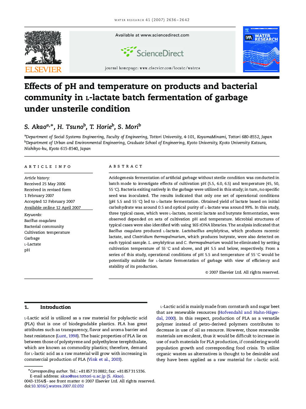 Effects of pH and temperature on products and bacterial community in l-lactate batch fermentation of garbage under unsterile condition
