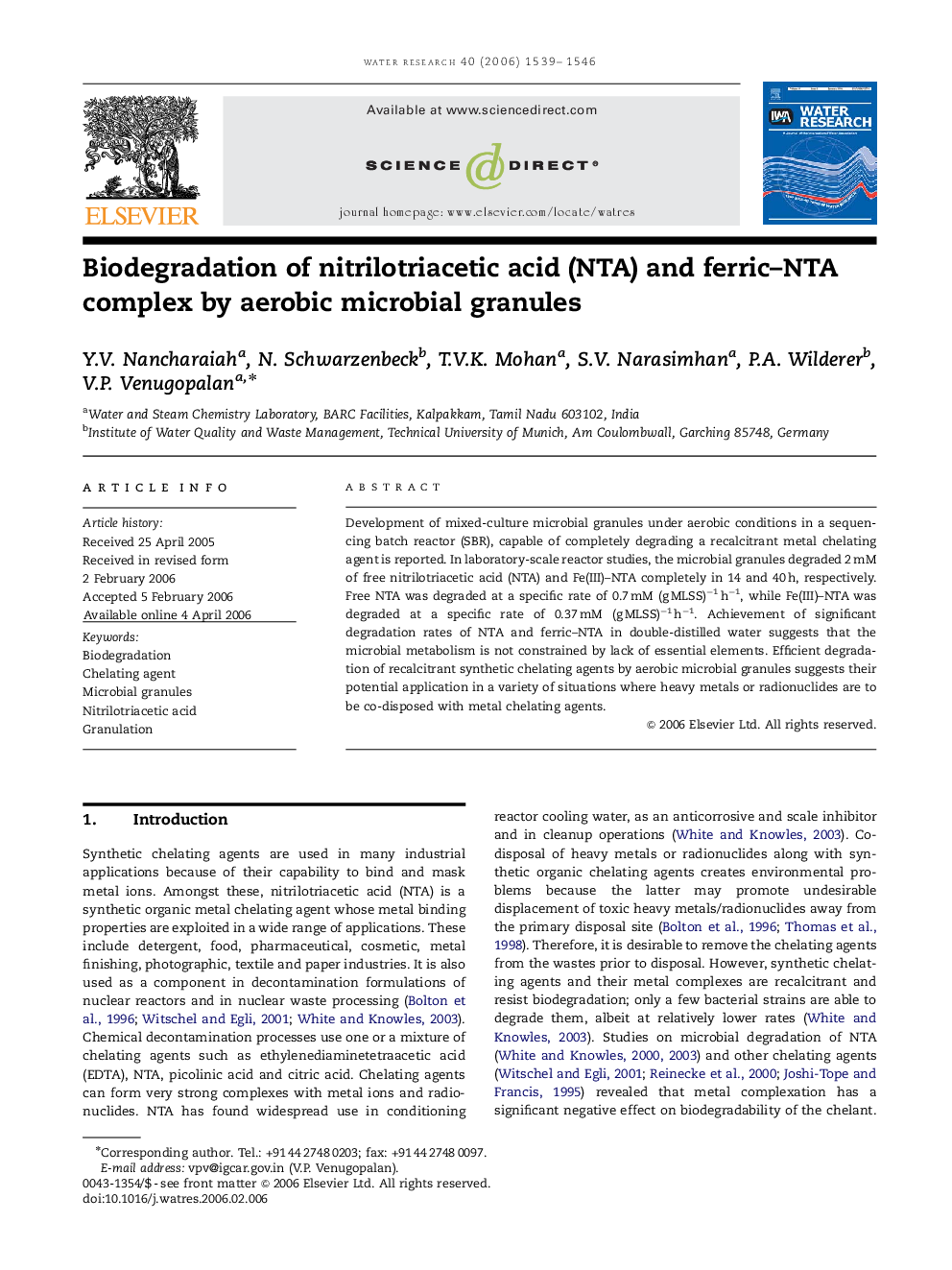 Biodegradation of nitrilotriacetic acid (NTA) and ferric–NTA complex by aerobic microbial granules