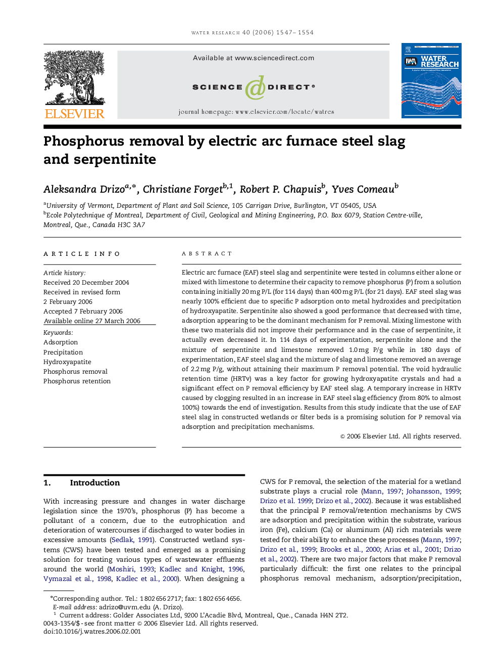 Phosphorus removal by electric arc furnace steel slag and serpentinite