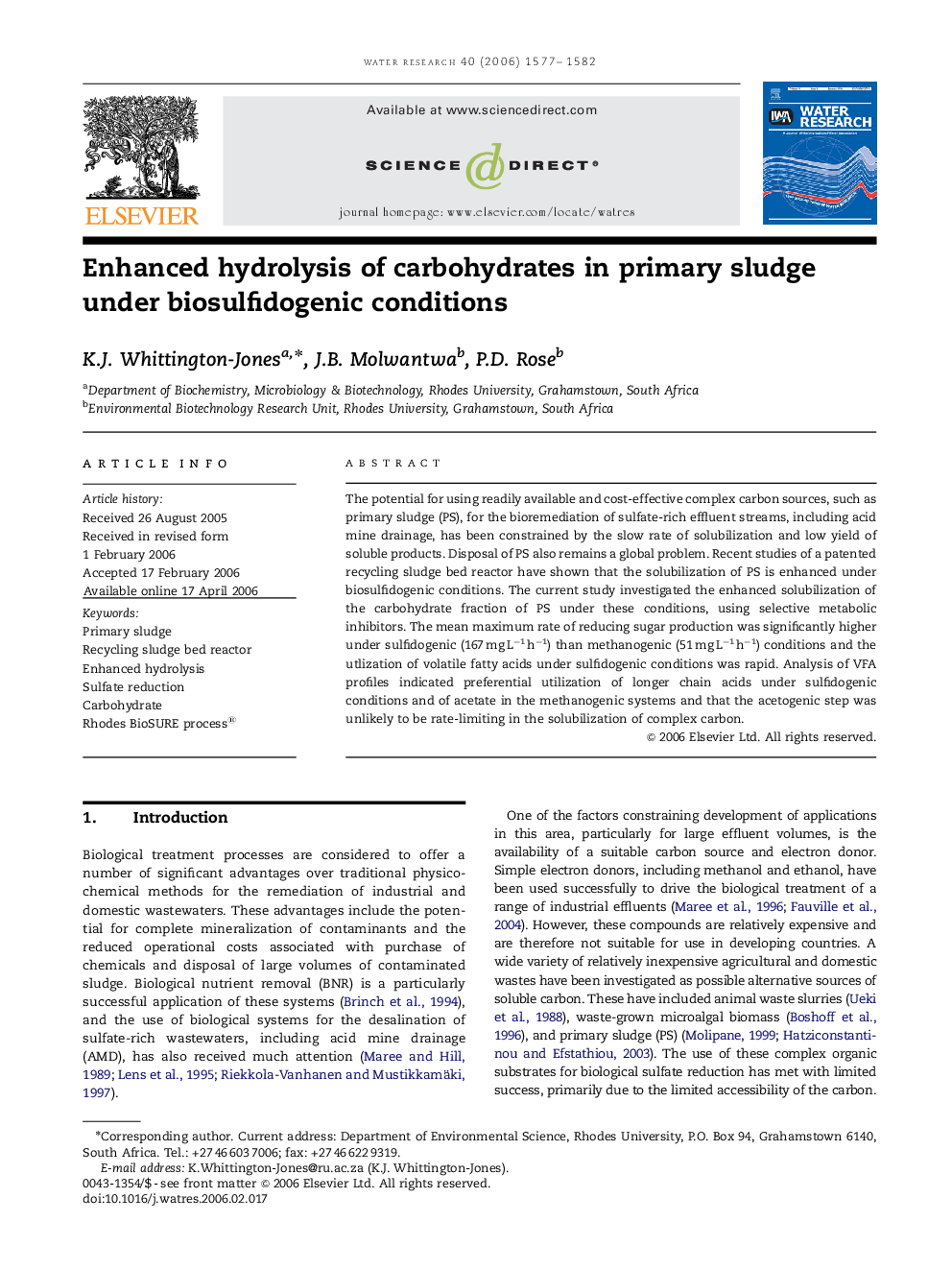 Enhanced hydrolysis of carbohydrates in primary sludge under biosulfidogenic conditions