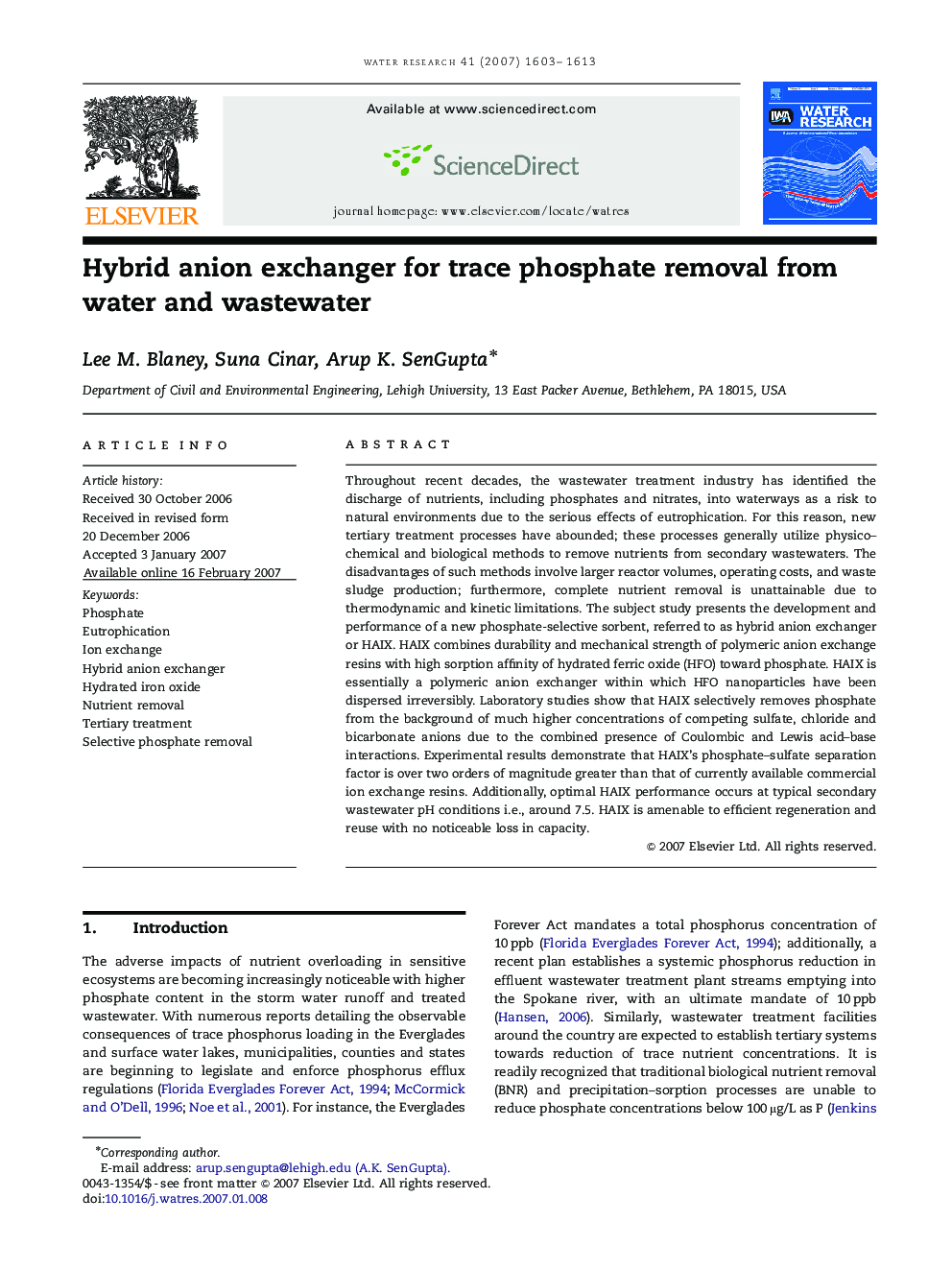Hybrid anion exchanger for trace phosphate removal from water and wastewater