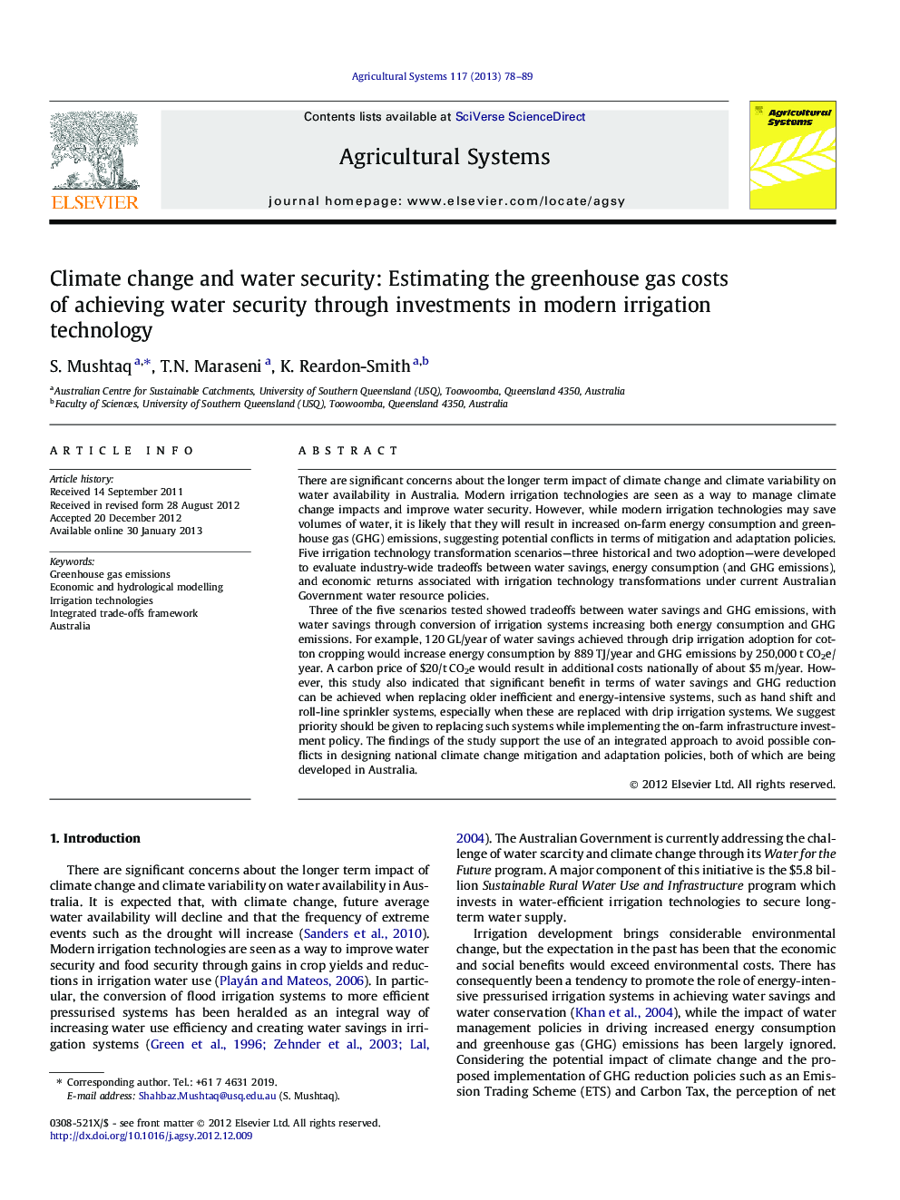 Climate change and water security: Estimating the greenhouse gas costs of achieving water security through investments in modern irrigation technology