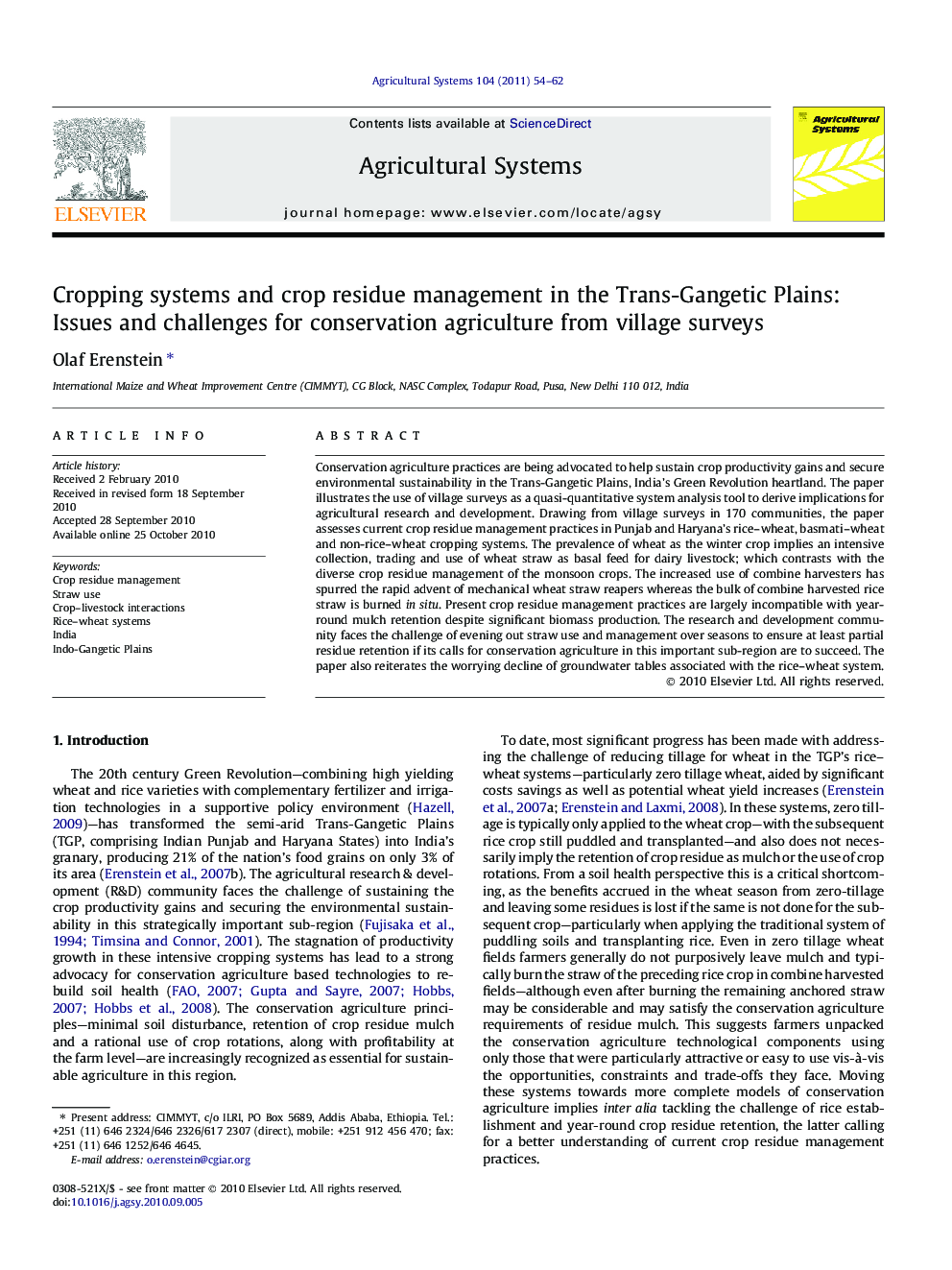 Cropping systems and crop residue management in the Trans-Gangetic Plains: Issues and challenges for conservation agriculture from village surveys