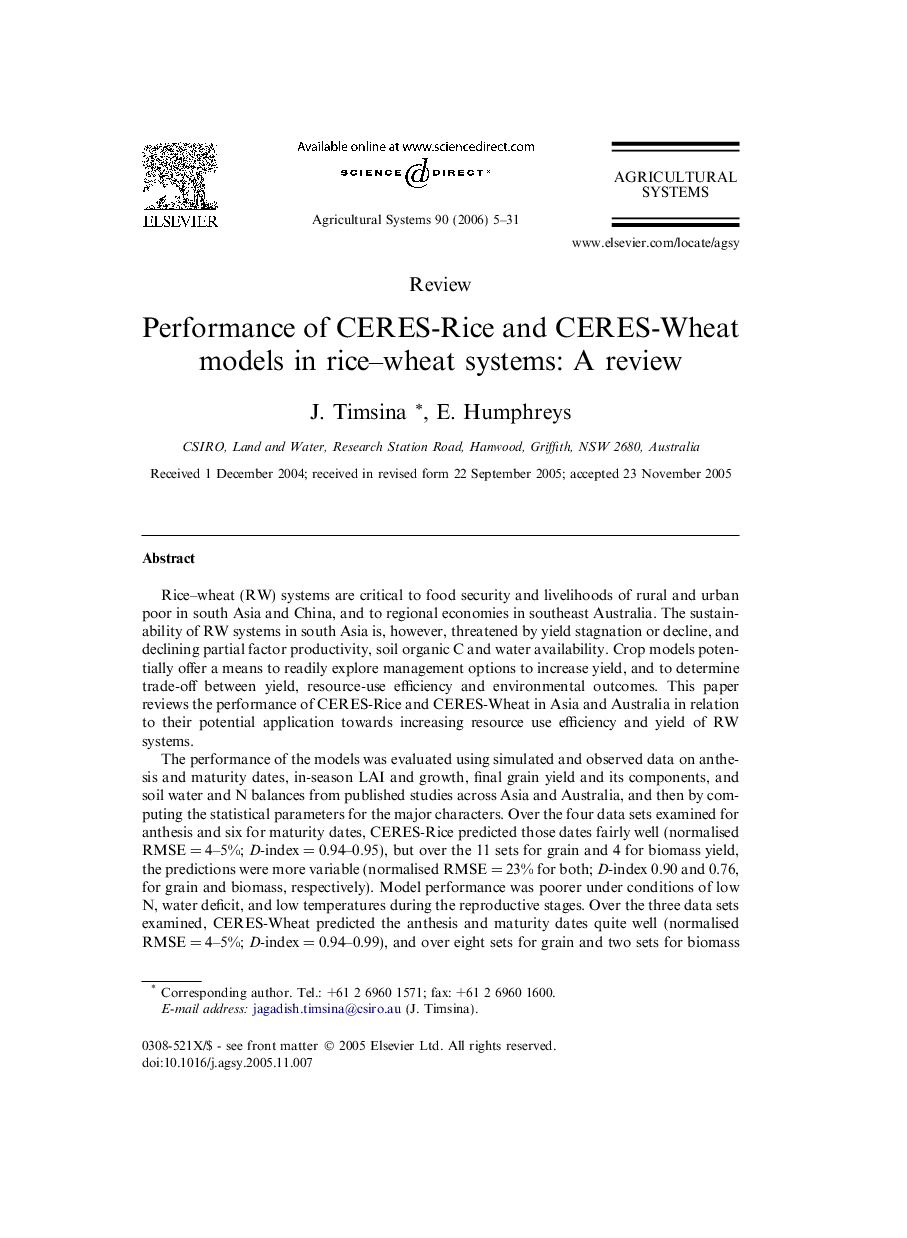 Performance of CERES-Rice and CERES-Wheat models in rice–wheat systems: A review