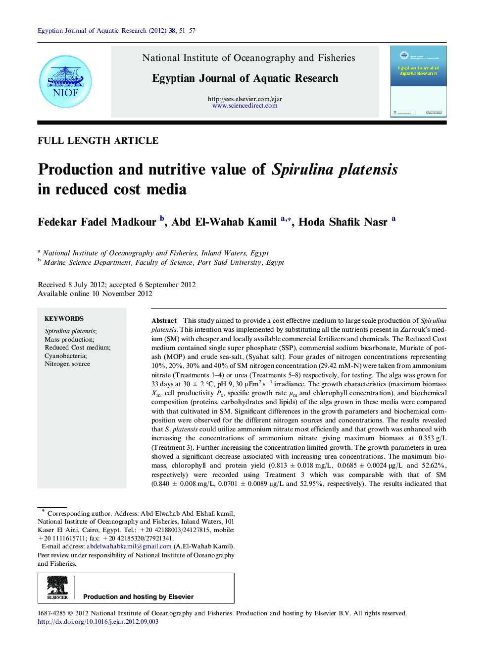 Production and nutritive value of Spirulina platensis in reduced cost media 