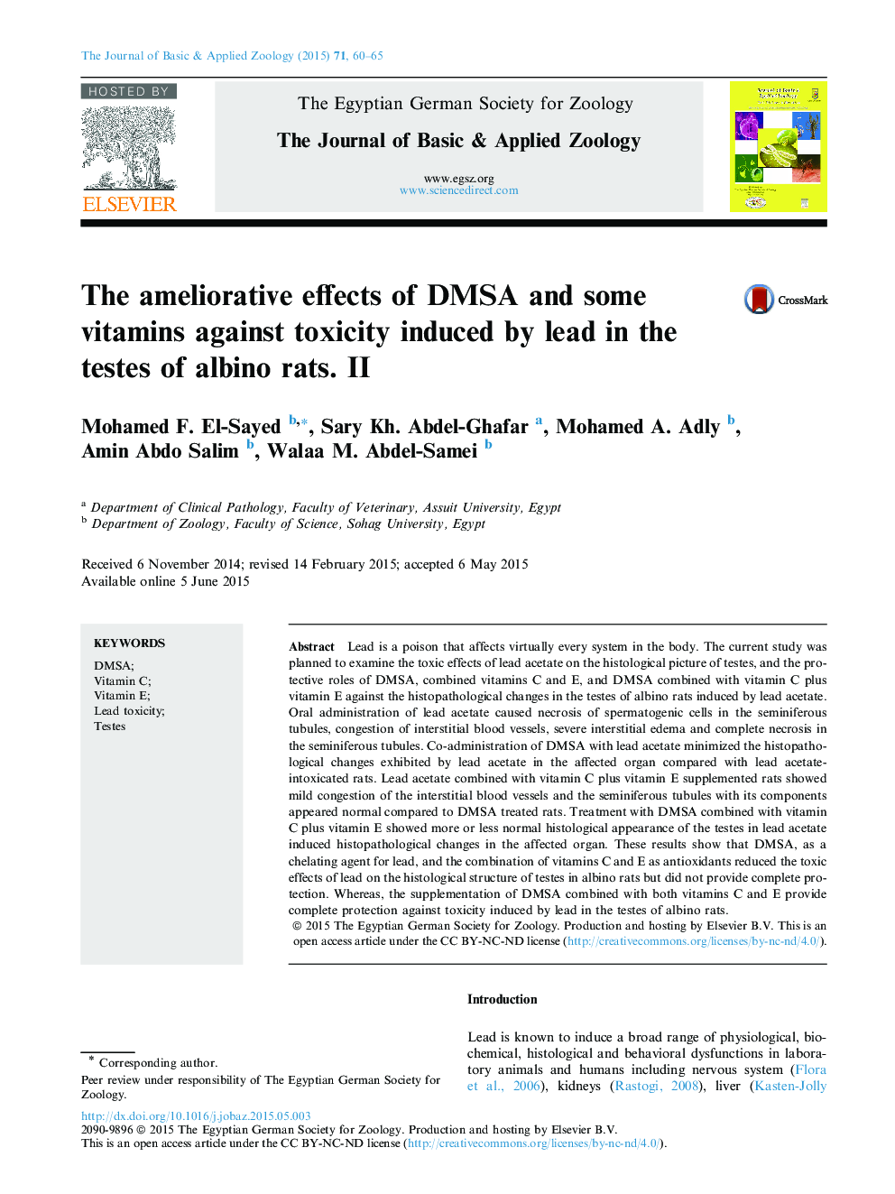 The ameliorative effects of DMSA and some vitamins against toxicity induced by lead in the testes of albino rats. II 