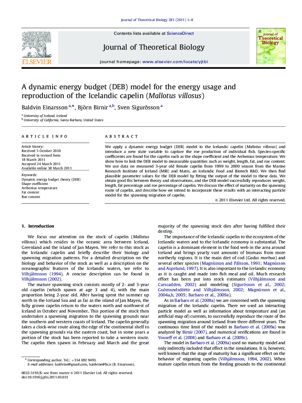 A dynamic energy budget (DEB) model for the energy usage and reproduction of the Icelandic capelin (Mallotus villosus)
