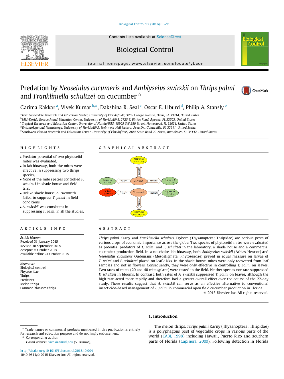 Predation by Neoseiulus cucumeris and Amblyseius swirskii on Thrips palmi and Frankliniella schultzei on cucumber 