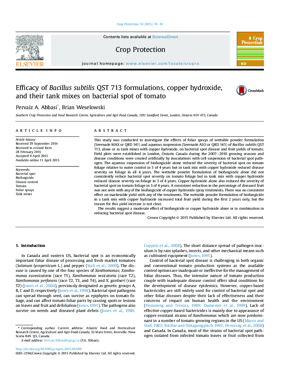 Efficacy of Bacillus subtilis QST 713 formulations, copper hydroxide, and their tank mixes on bacterial spot of tomato