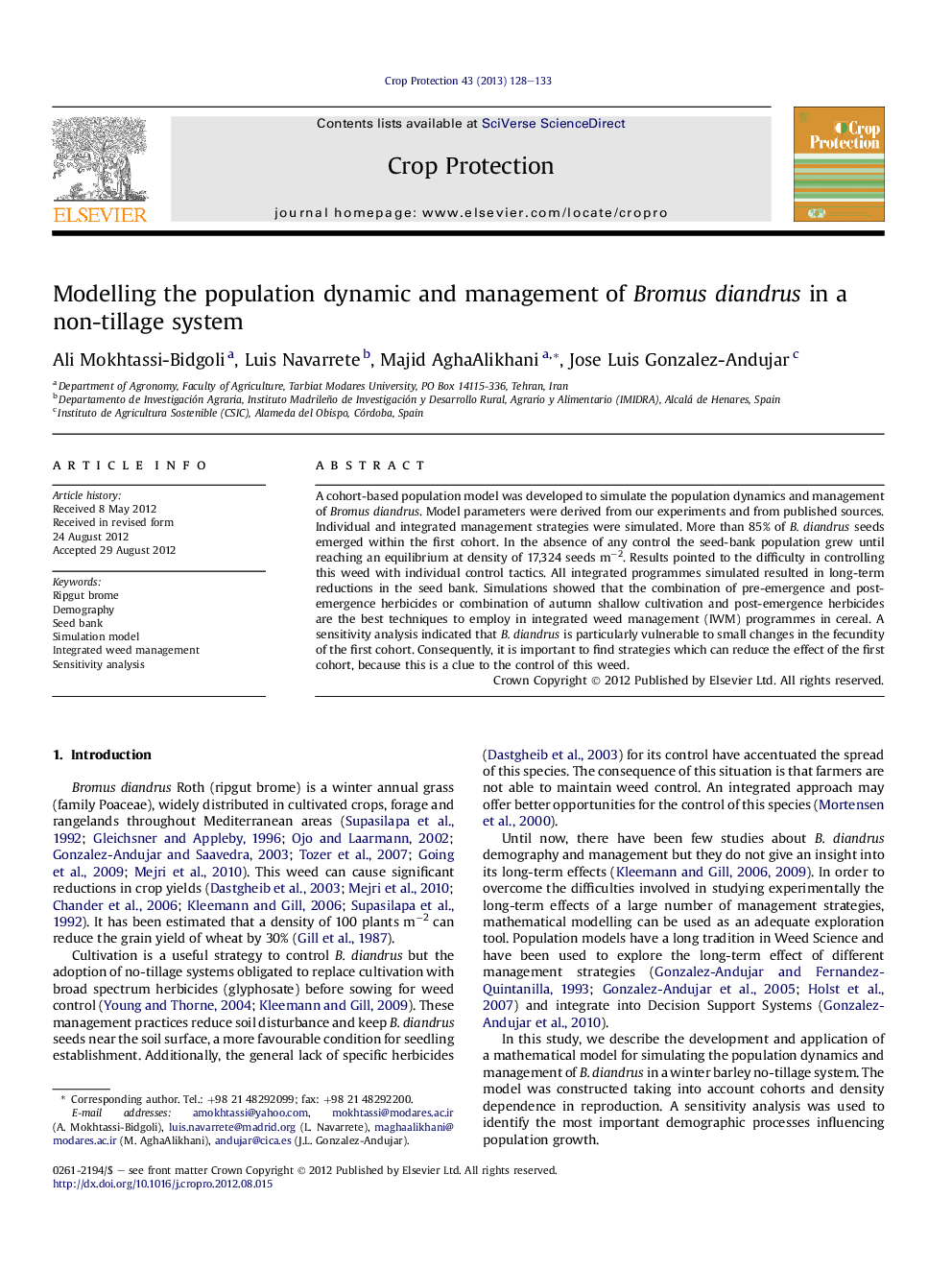 Modelling the population dynamic and management of Bromus diandrus in a non-tillage system