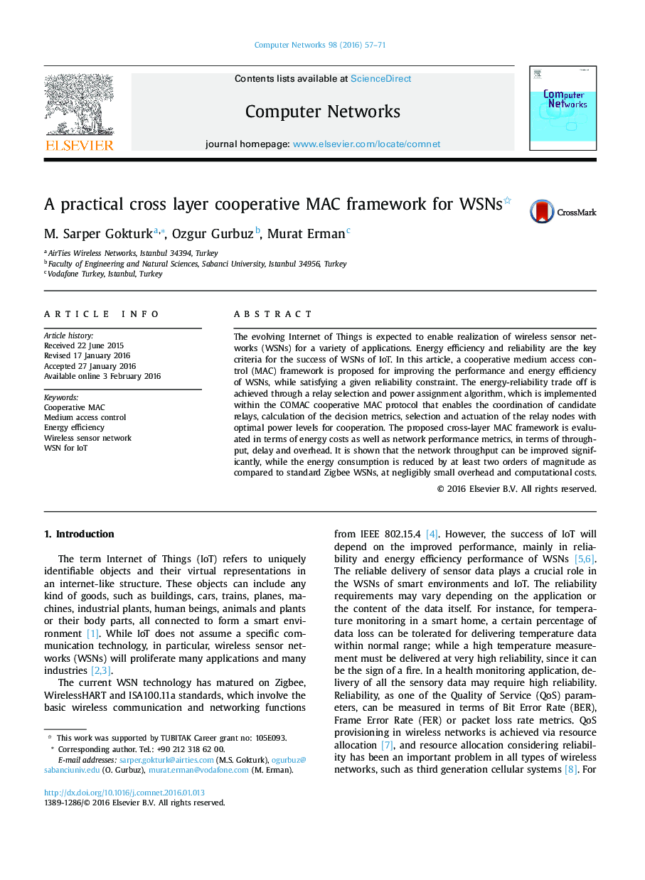 A practical cross layer cooperative MAC framework for WSNs 