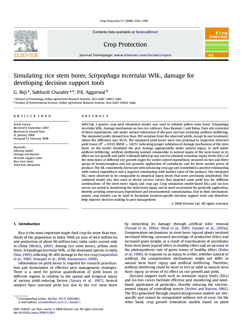 Simulating rice stem borer, Scirpophaga incertulas Wlk., damage for developing decision support tools
