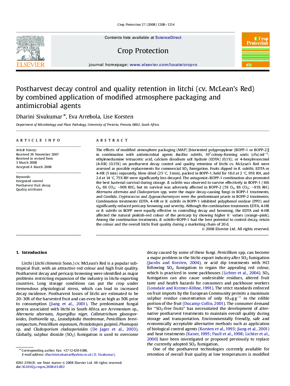 Postharvest decay control and quality retention in litchi (cv. McLean's Red) by combined application of modified atmosphere packaging and antimicrobial agents