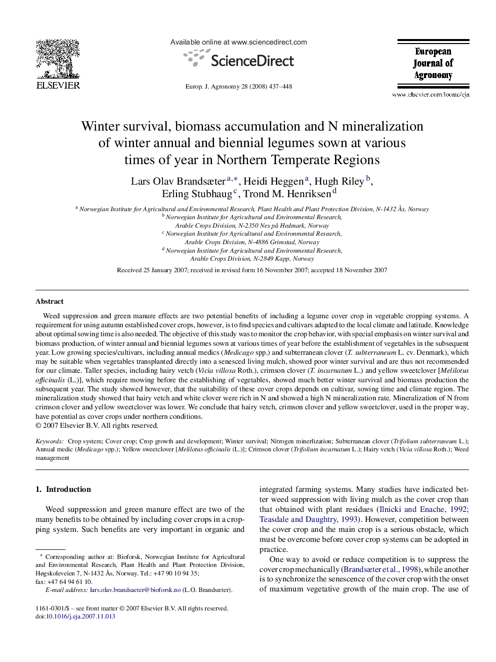 Winter survival, biomass accumulation and N mineralization of winter annual and biennial legumes sown at various times of year in Northern Temperate Regions