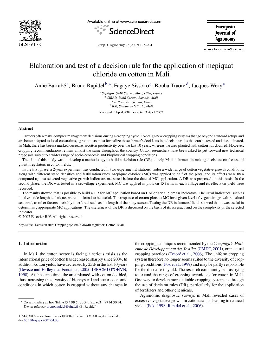 Elaboration and test of a decision rule for the application of mepiquat chloride on cotton in Mali