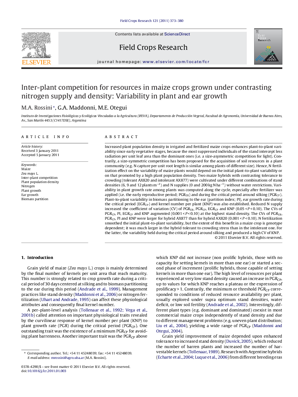 Inter-plant competition for resources in maize crops grown under contrasting nitrogen supply and density: Variability in plant and ear growth