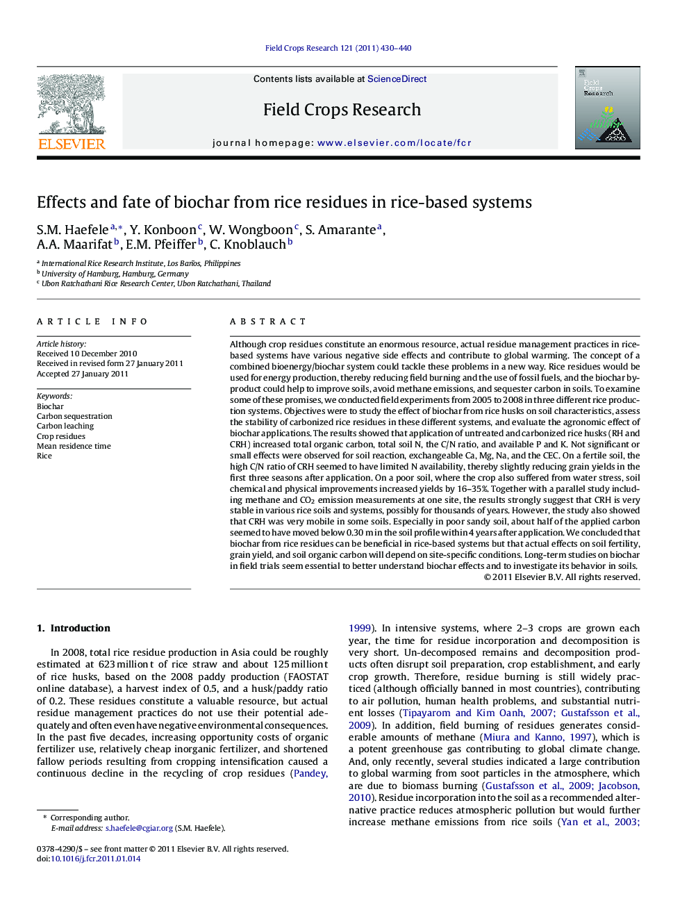 Effects and fate of biochar from rice residues in rice-based systems