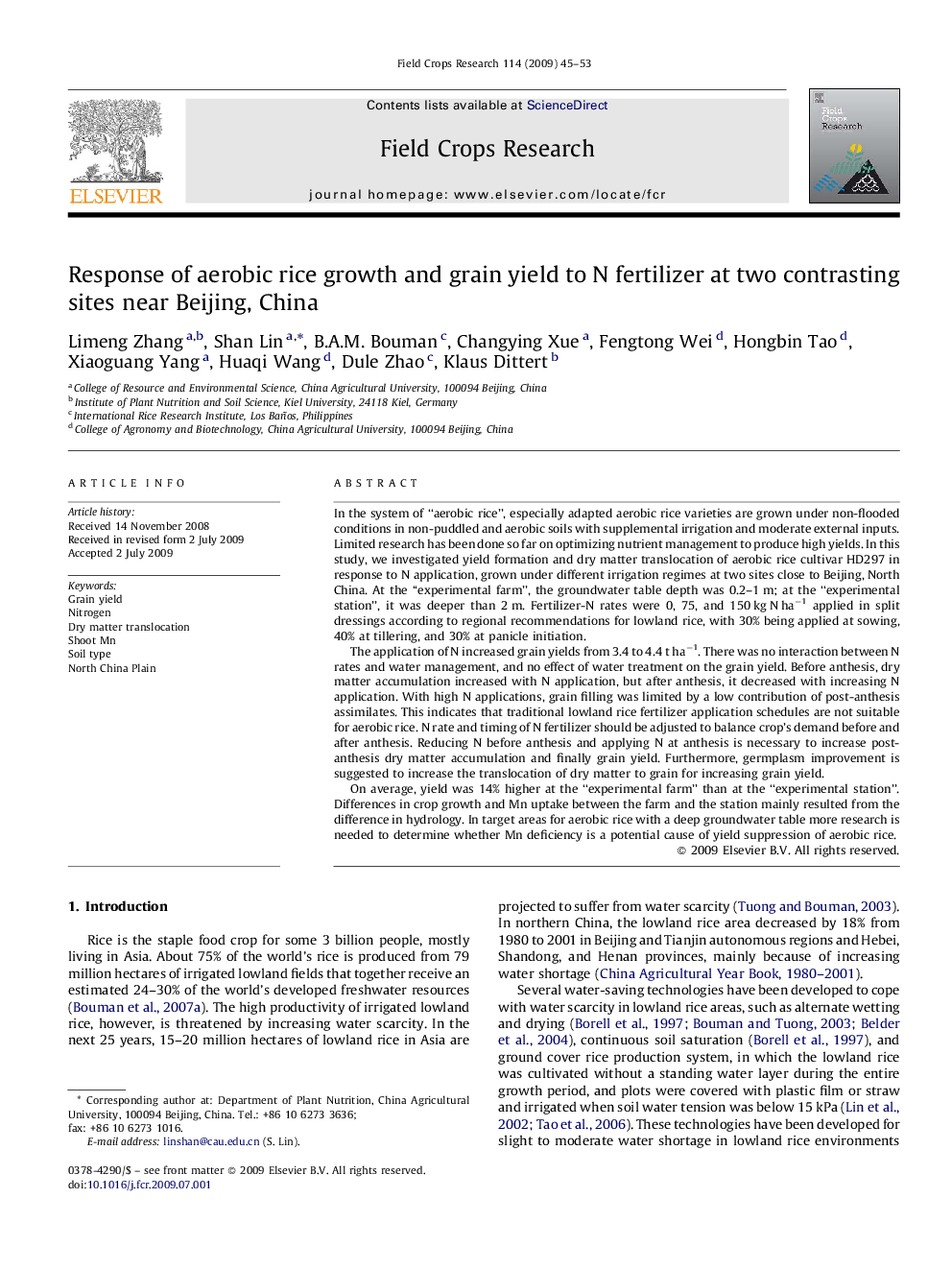 Response of aerobic rice growth and grain yield to N fertilizer at two contrasting sites near Beijing, China