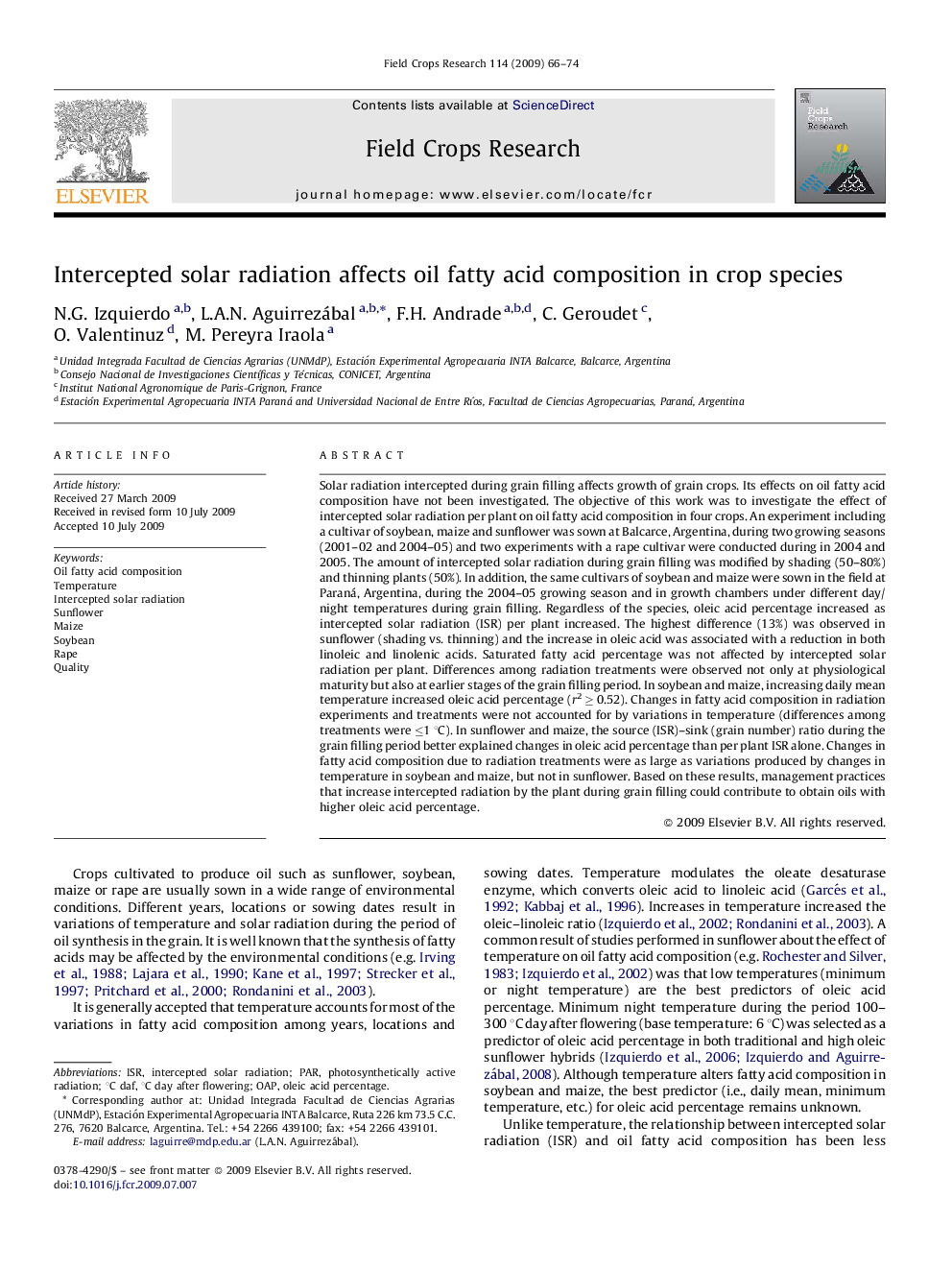 Intercepted solar radiation affects oil fatty acid composition in crop species