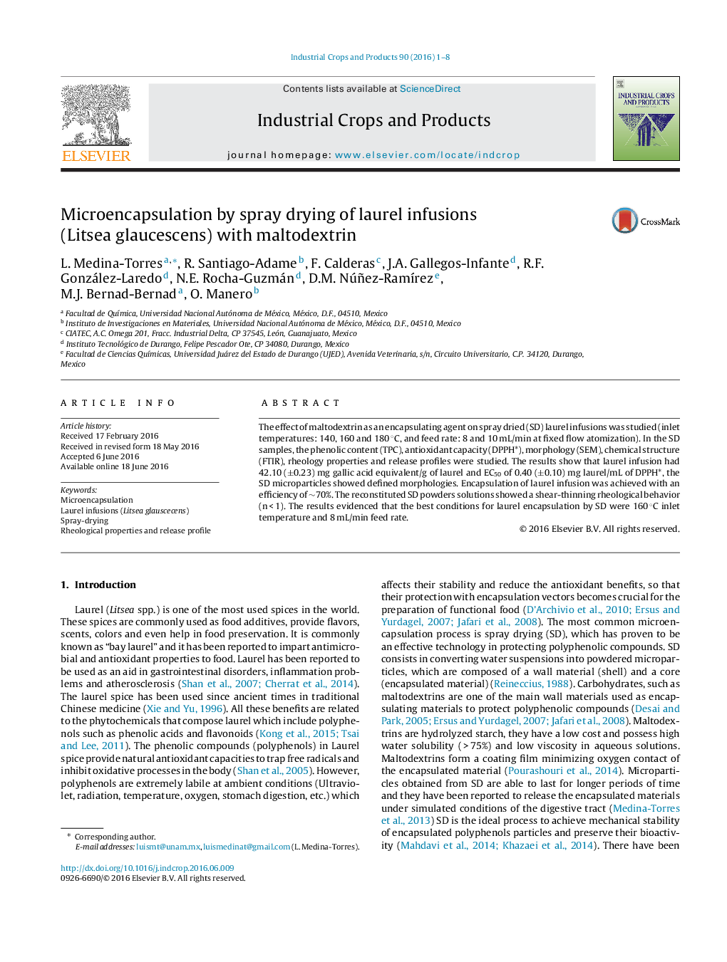 Microencapsulation by spray drying of laurel infusions (Litsea glaucescens) with maltodextrin