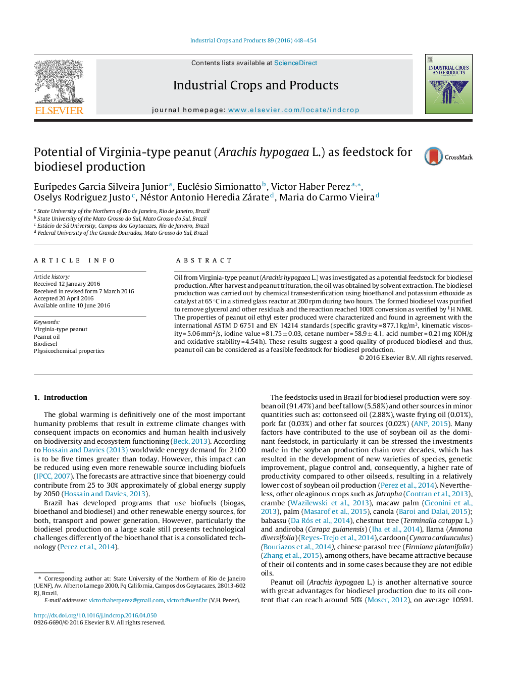 Potential of Virginia-type peanut (Arachis hypogaea L.) as feedstock for biodiesel production