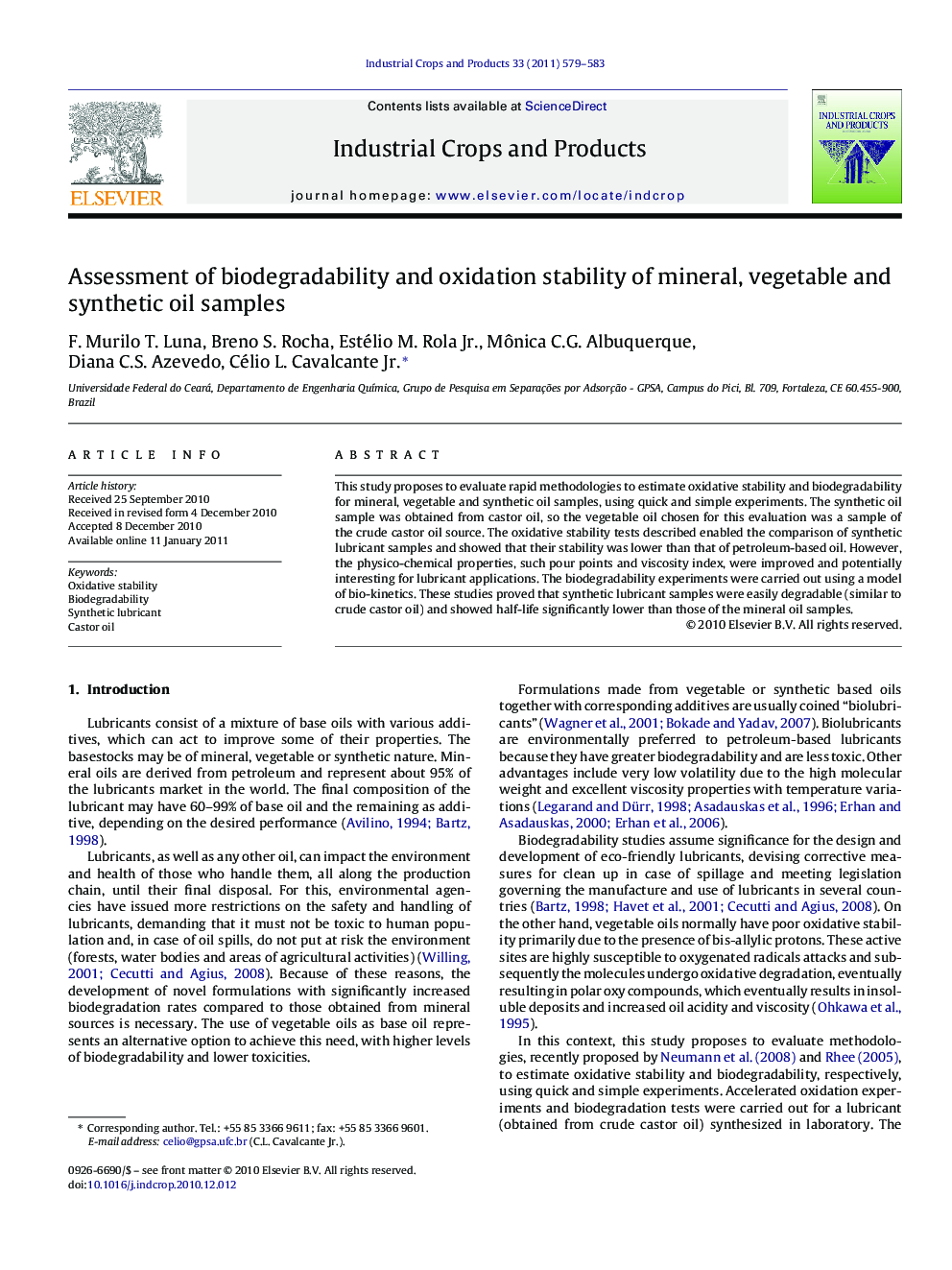 Assessment of biodegradability and oxidation stability of mineral, vegetable and synthetic oil samples