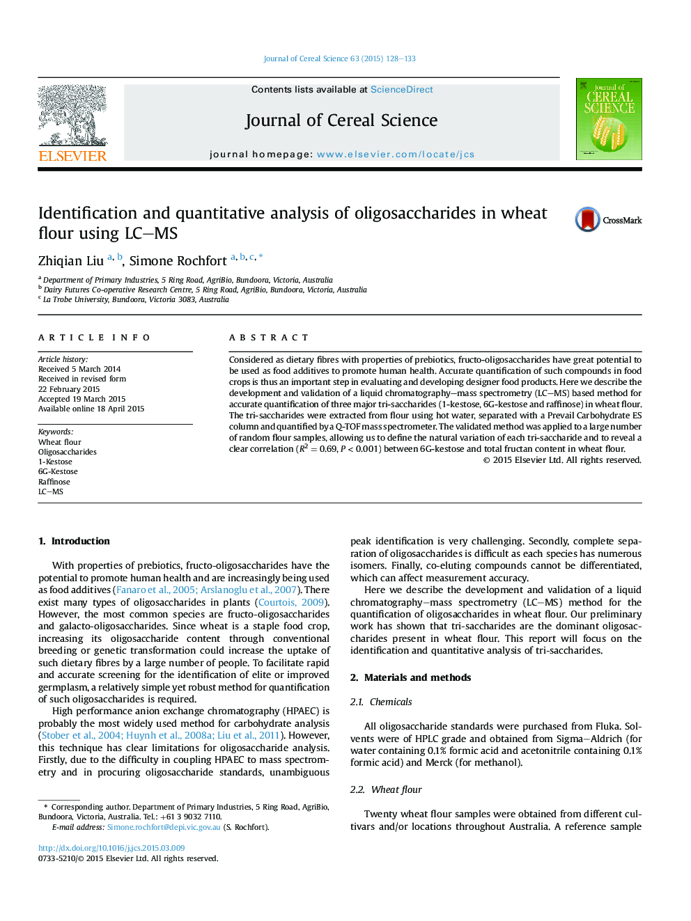 Identification and quantitative analysis of oligosaccharides in wheat flour using LC–MS