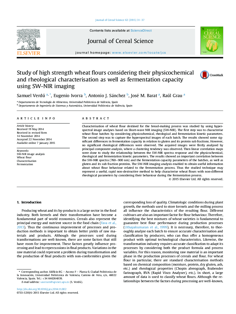 Study of high strength wheat flours considering their physicochemical and rheological characterisation as well as fermentation capacity using SW-NIR imaging