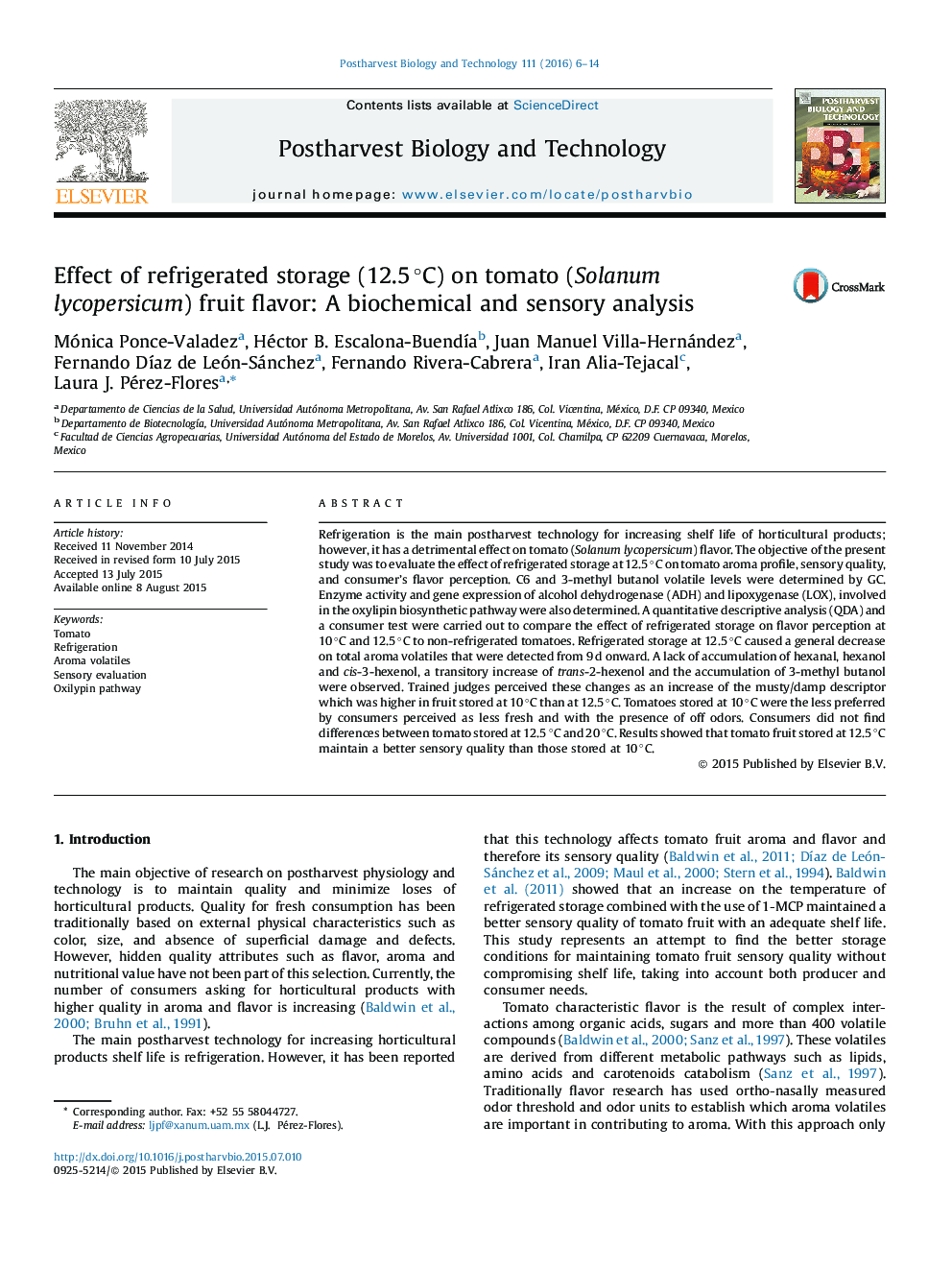 Effect of refrigerated storage (12.5 °C) on tomato (Solanum lycopersicum) fruit flavor: A biochemical and sensory analysis