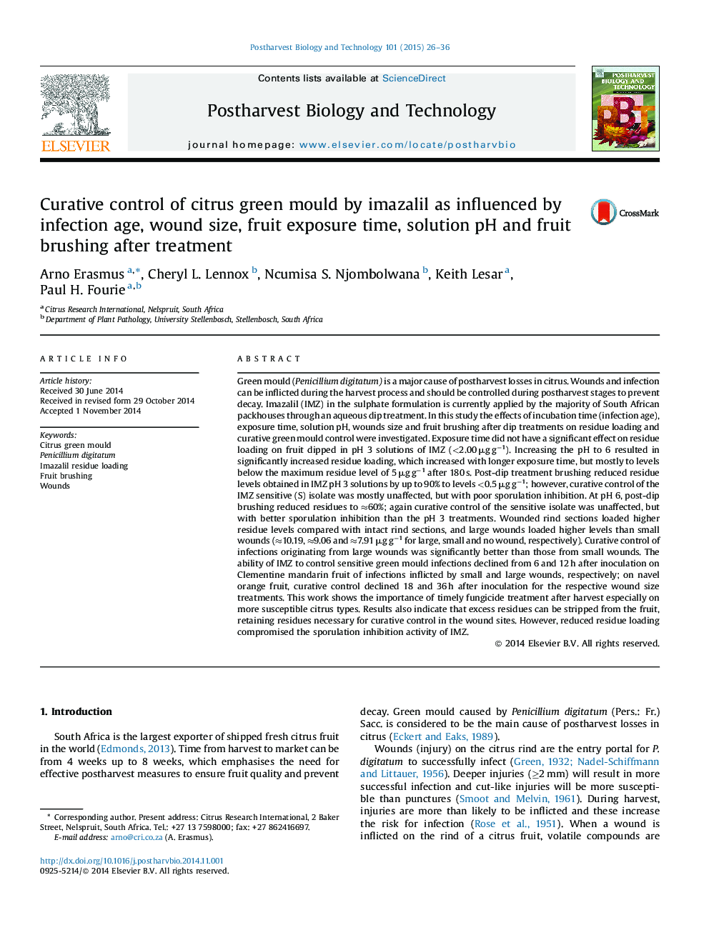 Curative control of citrus green mould by imazalil as influenced by infection age, wound size, fruit exposure time, solution pH and fruit brushing after treatment