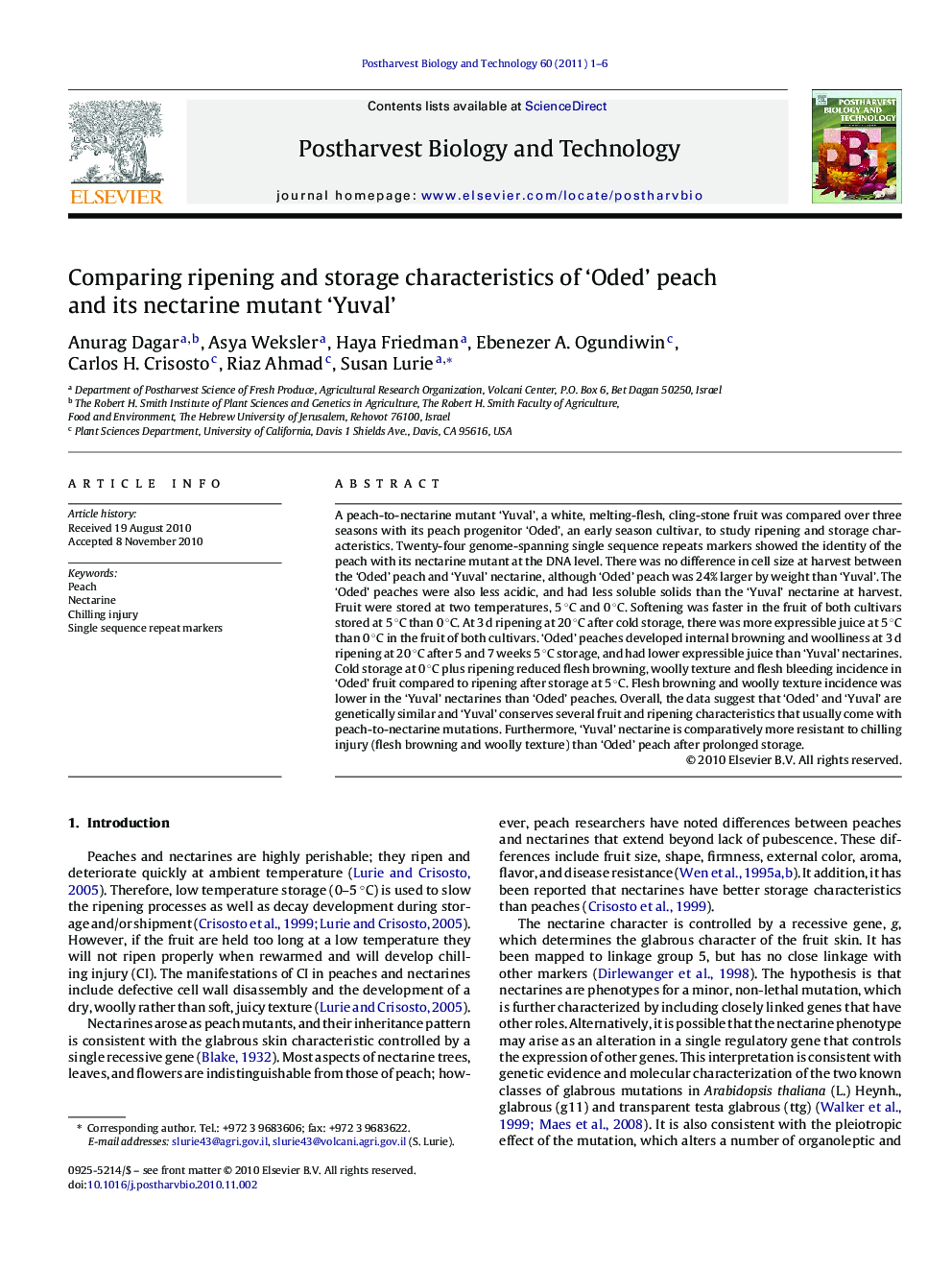 Comparing ripening and storage characteristics of ‘Oded’ peach and its nectarine mutant ‘Yuval’