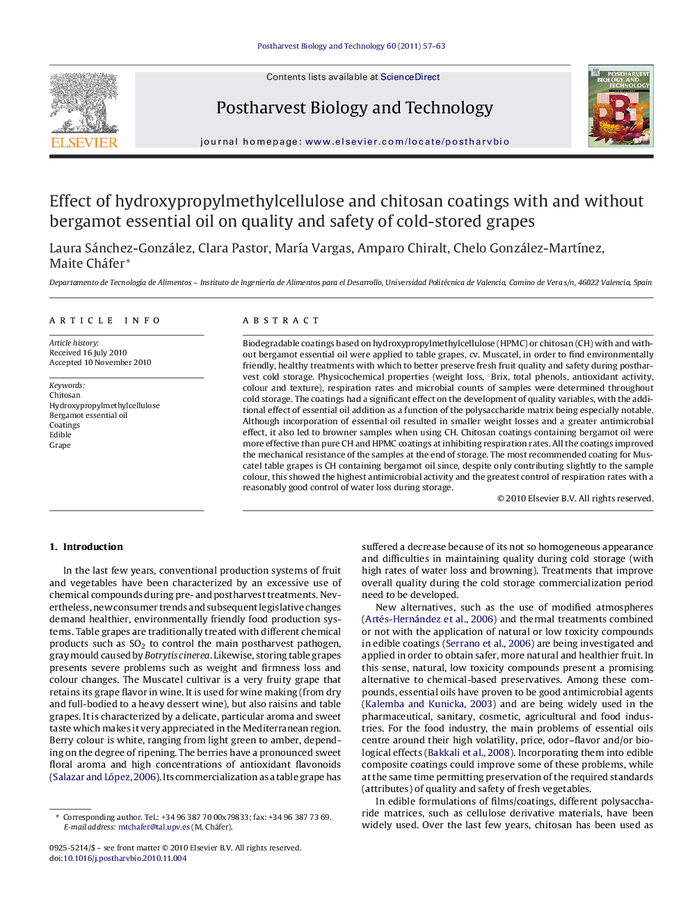 Effect of hydroxypropylmethylcellulose and chitosan coatings with and without bergamot essential oil on quality and safety of cold-stored grapes