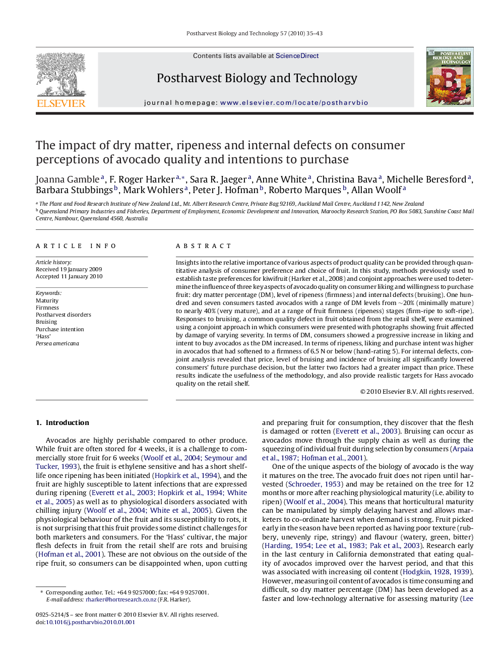 The impact of dry matter, ripeness and internal defects on consumer perceptions of avocado quality and intentions to purchase