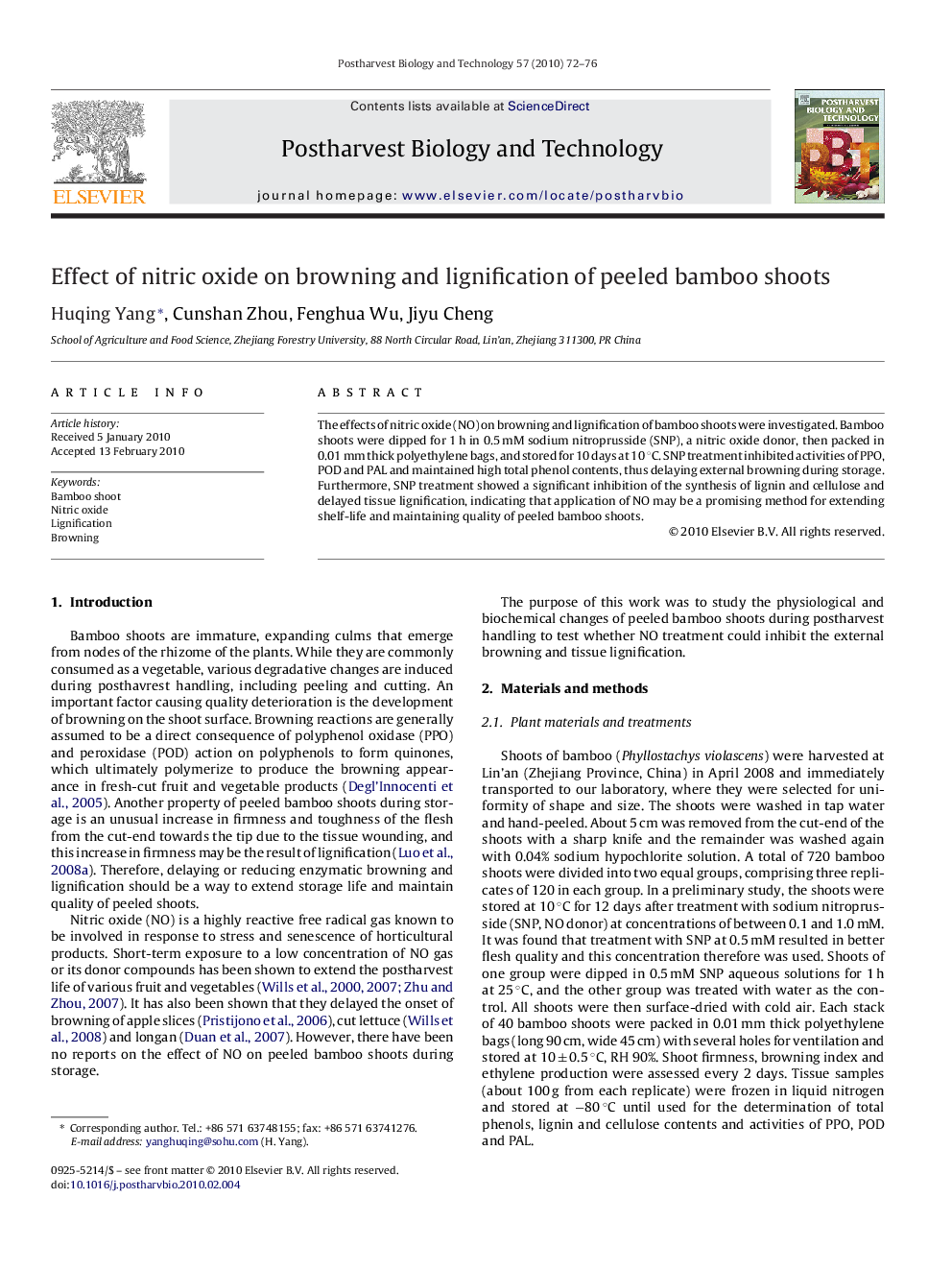 Effect of nitric oxide on browning and lignification of peeled bamboo shoots