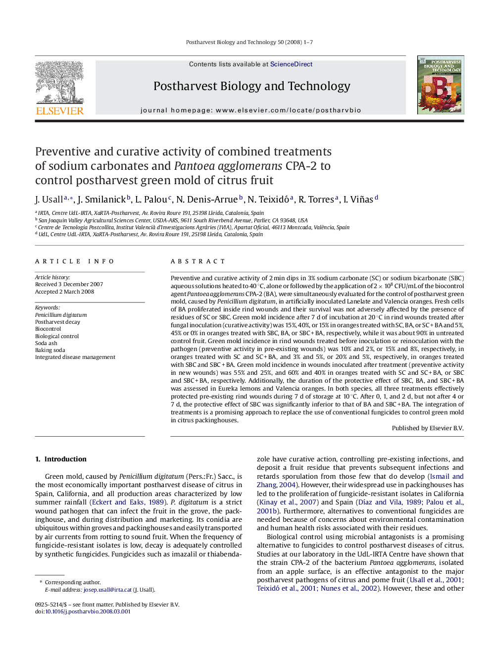 Preventive and curative activity of combined treatments of sodium carbonates and Pantoea agglomerans CPA-2 to control postharvest green mold of citrus fruit