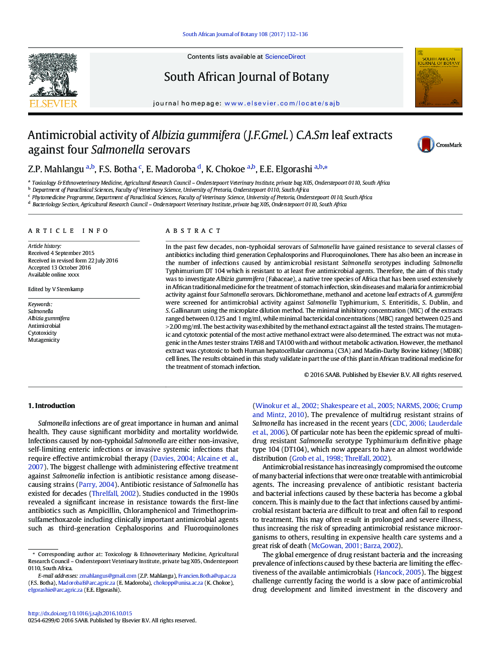 فعالیت ضدمیکروبی عصاره برگ (J.F.Gmel.) C.A.Sm gummifera البیزیا در مقابل چهار سرووار سالمونلا