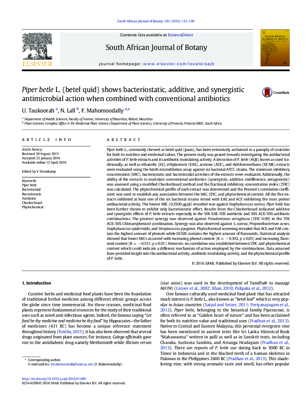 Piper betle L. (betel quid) shows bacteriostatic, additive, and synergistic antimicrobial action when combined with conventional antibiotics