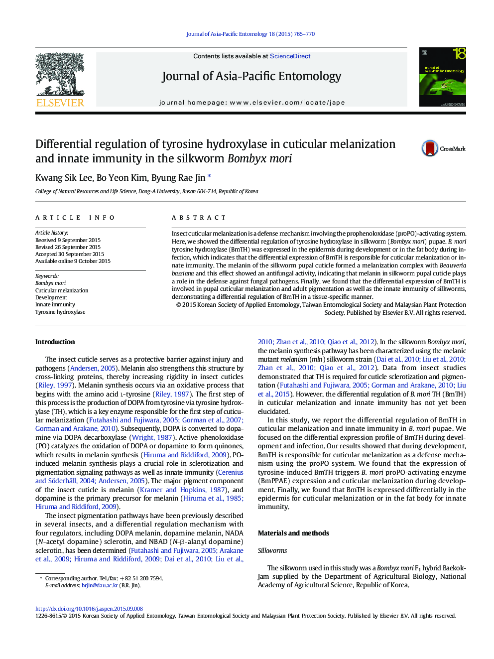 Differential regulation of tyrosine hydroxylase in cuticular melanization and innate immunity in the silkworm Bombyx mori