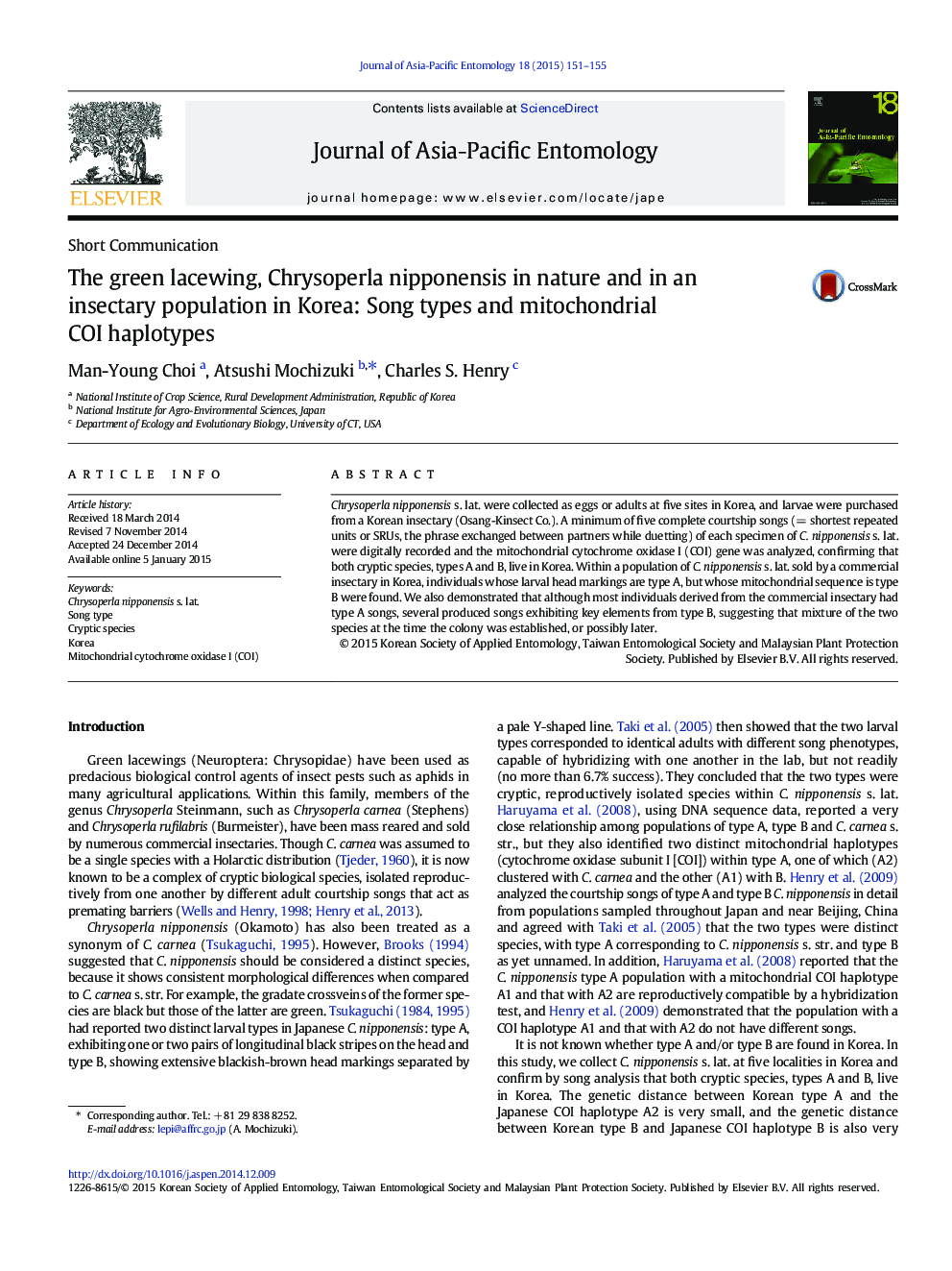 The green lacewing, Chrysoperla nipponensis in nature and in an insectary population in Korea: Song types and mitochondrial COI haplotypes