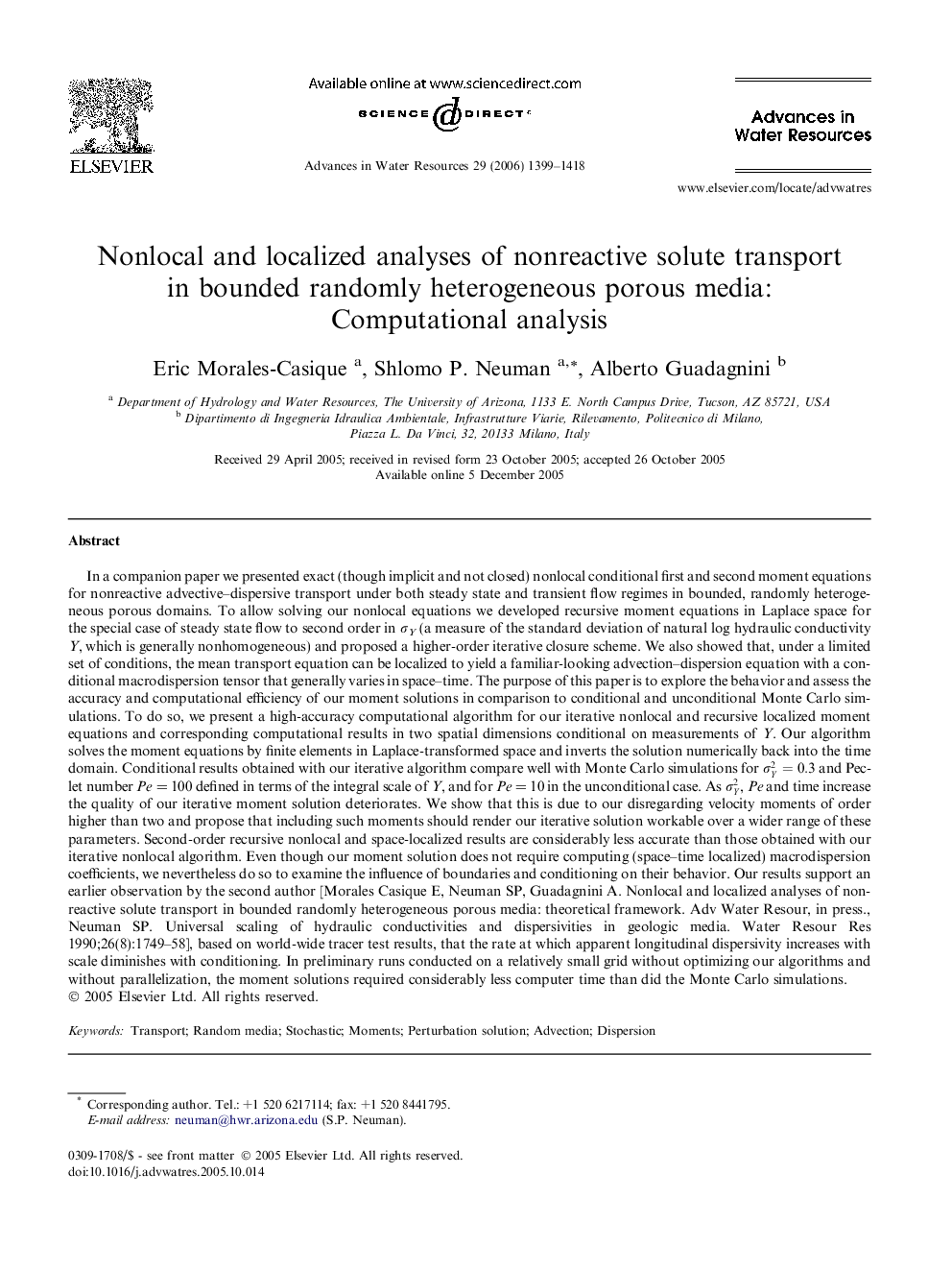 Nonlocal and localized analyses of nonreactive solute transport in bounded randomly heterogeneous porous media: Computational analysis