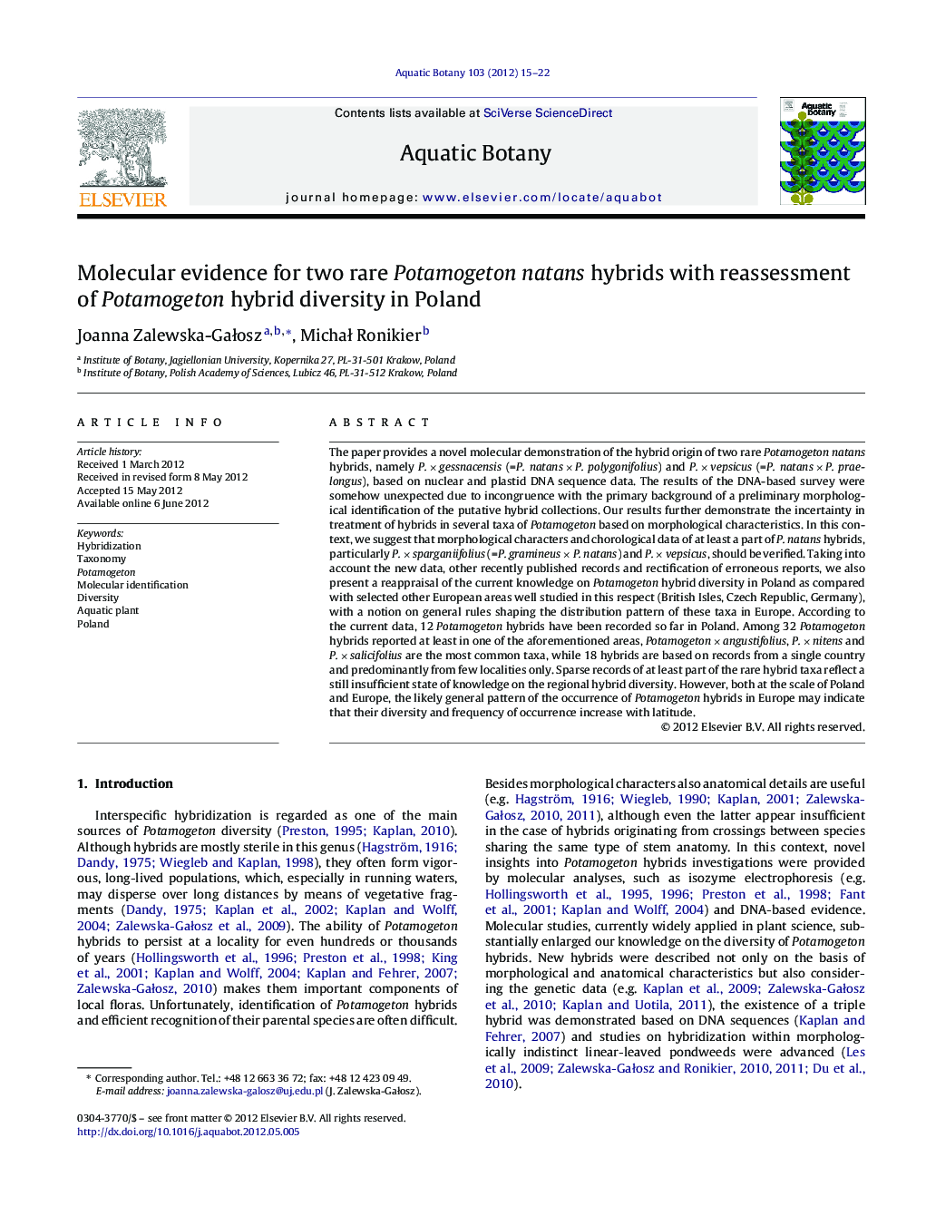 Molecular evidence for two rare Potamogeton natans hybrids with reassessment of Potamogeton hybrid diversity in Poland