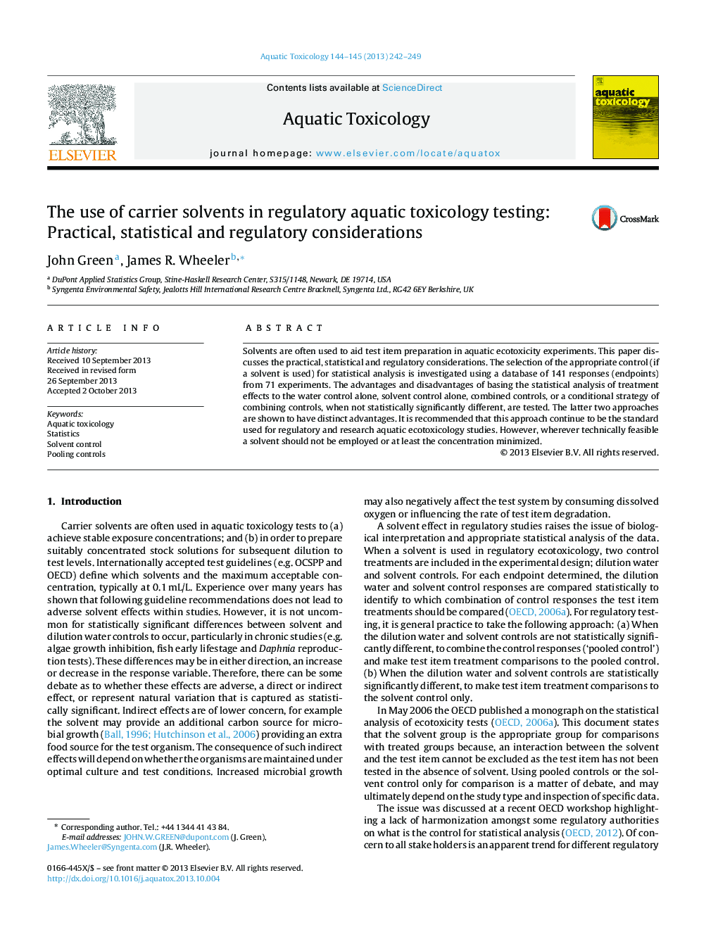 The use of carrier solvents in regulatory aquatic toxicology testing: Practical, statistical and regulatory considerations