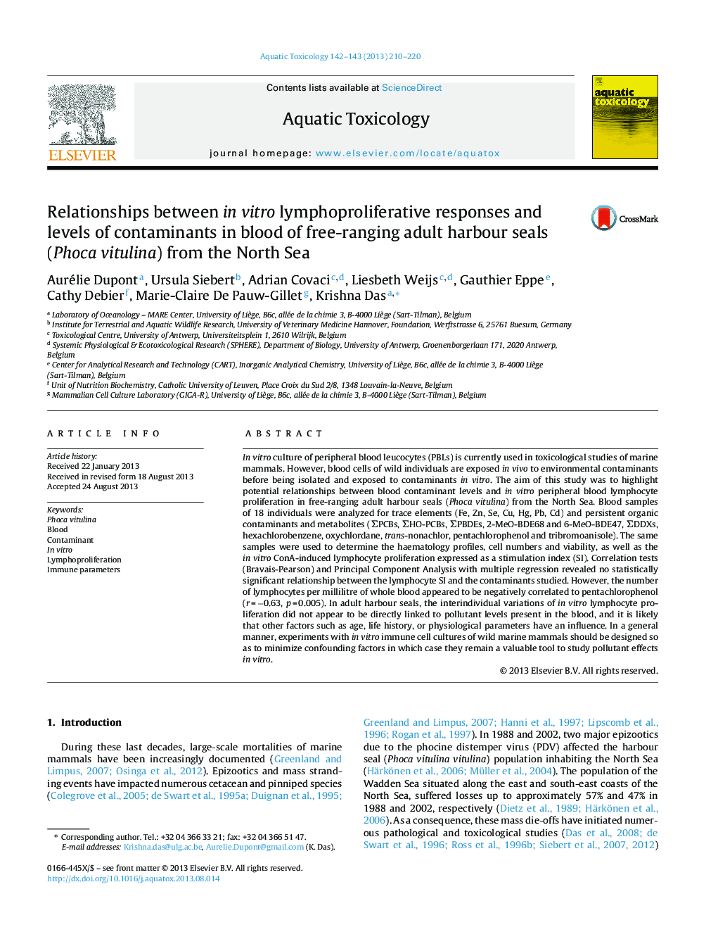 Relationships between in vitro lymphoproliferative responses and levels of contaminants in blood of free-ranging adult harbour seals (Phoca vitulina) from the North Sea