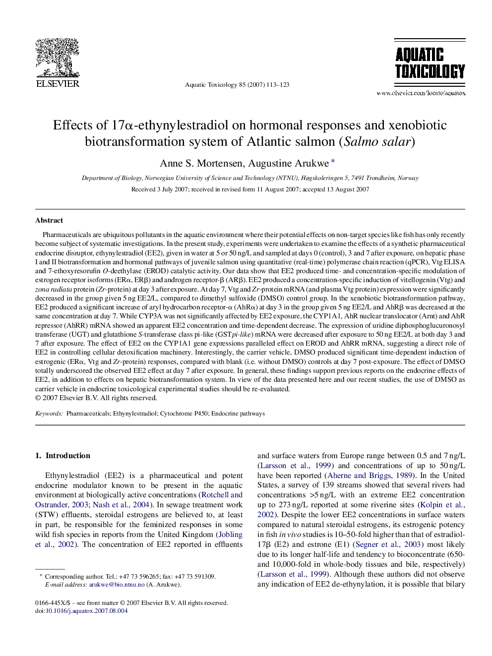 Effects of 17α-ethynylestradiol on hormonal responses and xenobiotic biotransformation system of Atlantic salmon (Salmo salar)
