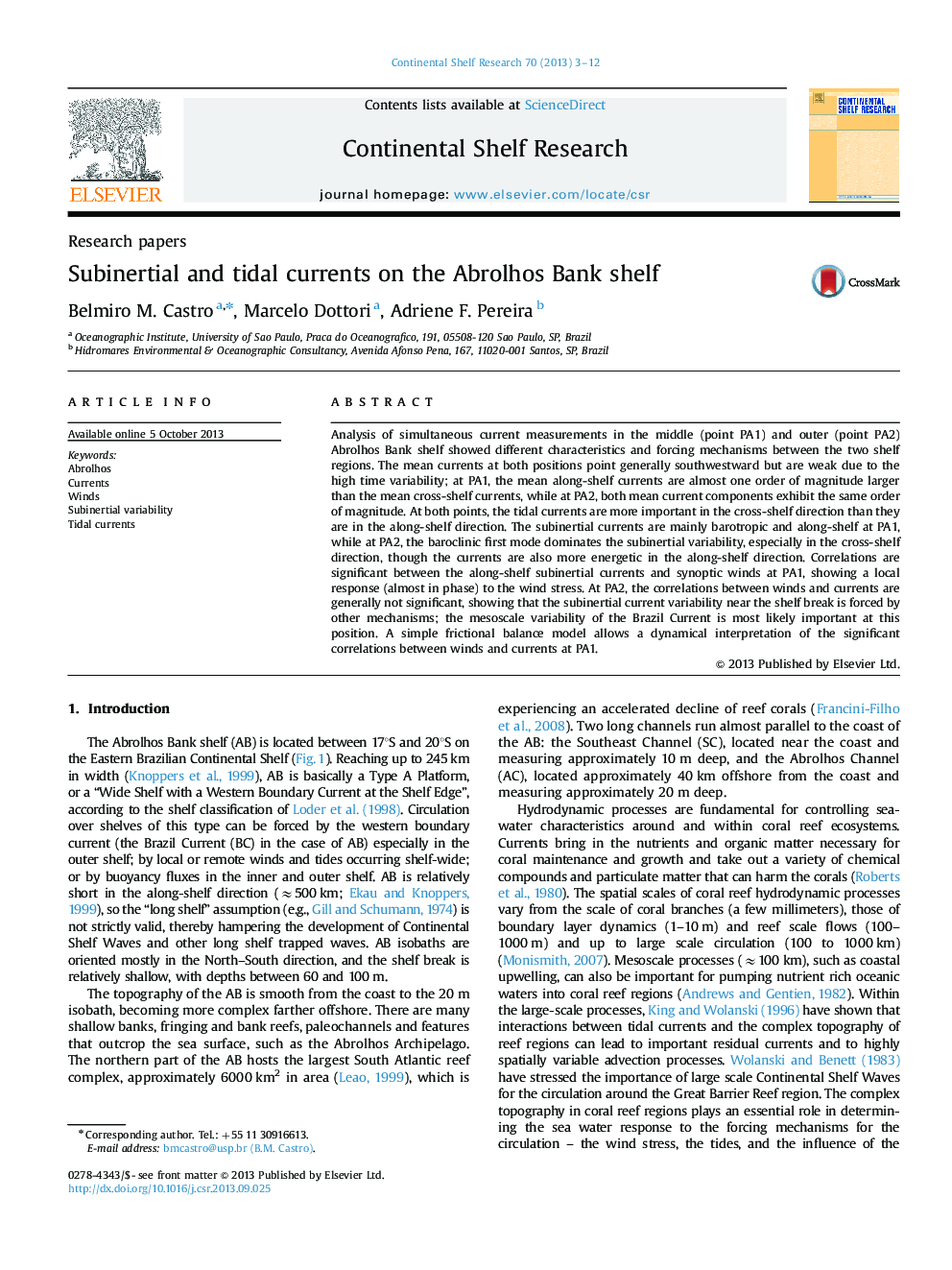 Subinertial and tidal currents on the Abrolhos Bank shelf