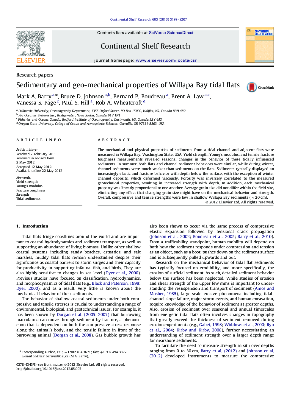 Sedimentary and geo-mechanical properties of Willapa Bay tidal flats