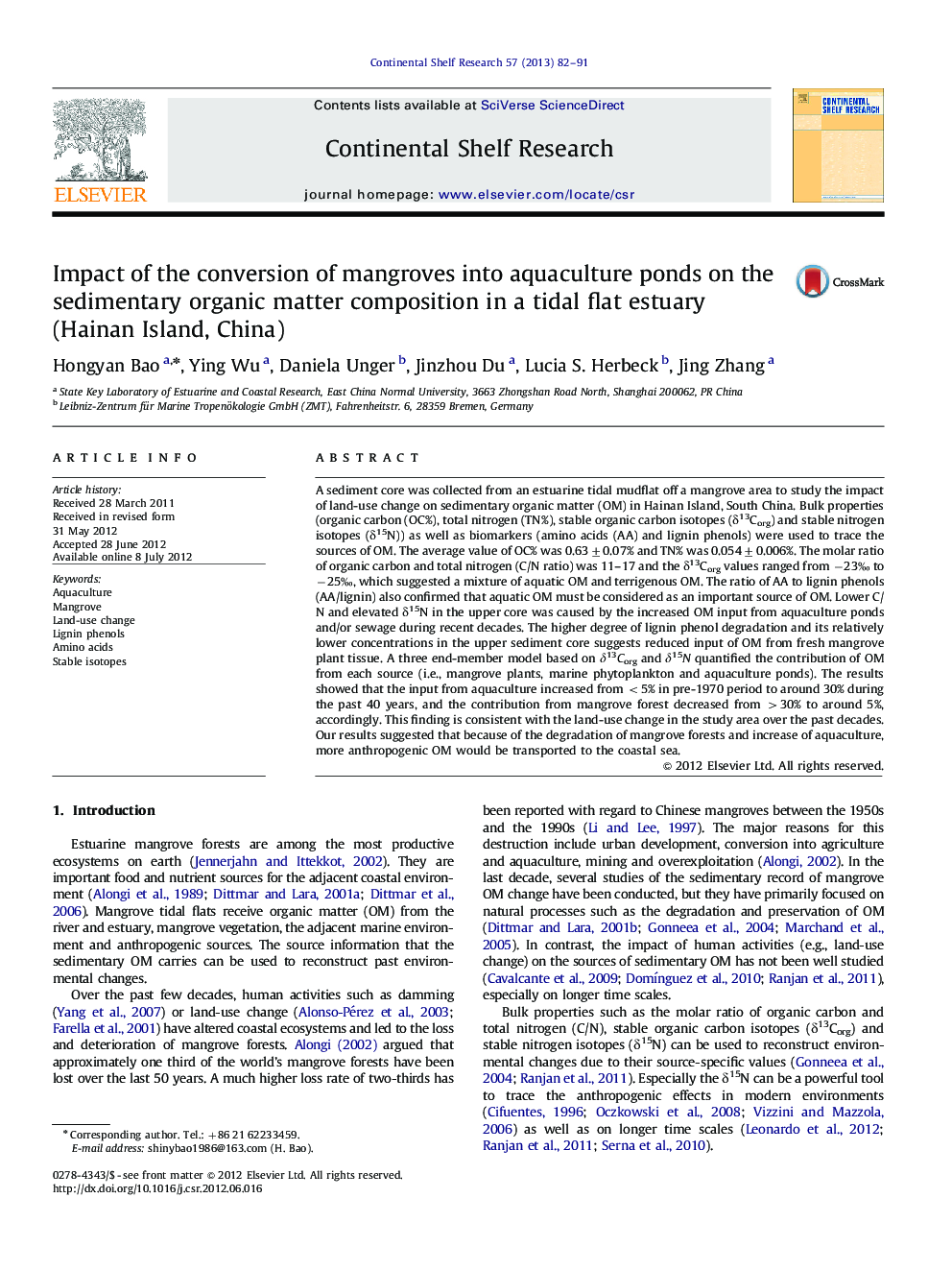 Impact of the conversion of mangroves into aquaculture ponds on the sedimentary organic matter composition in a tidal flat estuary (Hainan Island, China)